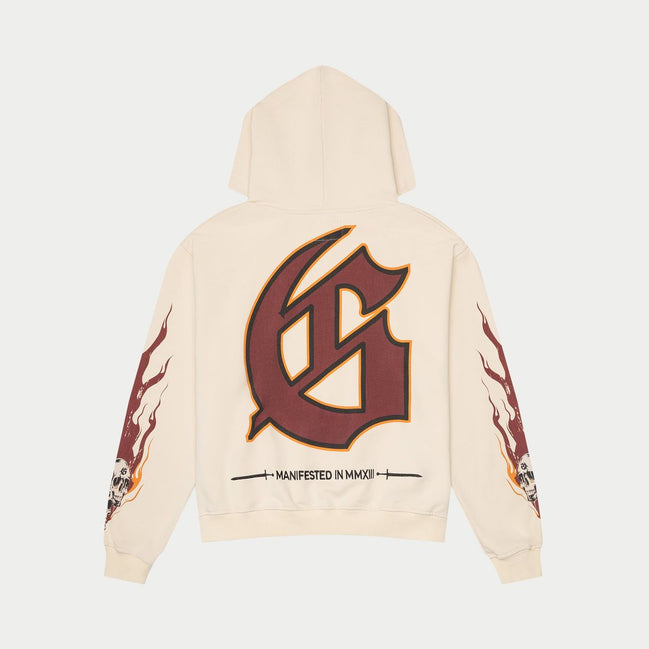 Beige hoodie with a large brown logo on the back against a white background
