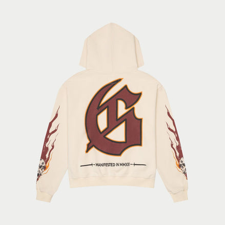 Beige hoodie with a large brown logo on the back against a white background