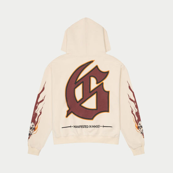 Beige hoodie with a large brown logo on the back against a white background