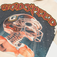 Hoodie with graphic design of a football player and helmet, featuring the text 'Godspeed' on a beige background.