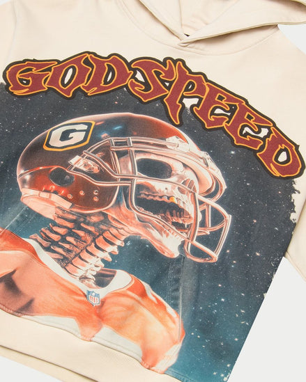 Hoodie with graphic design of a football player and helmet, featuring the text 'Godspeed' on a beige background.