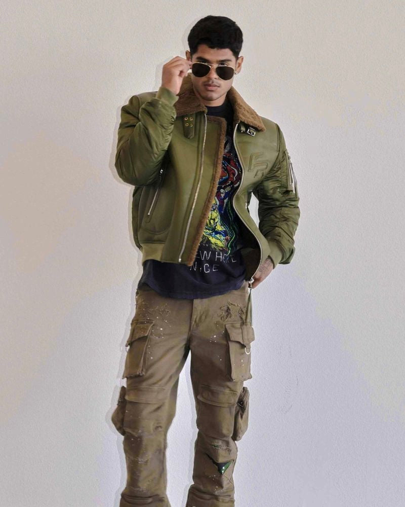 first row mustang bomber jacket in olive green