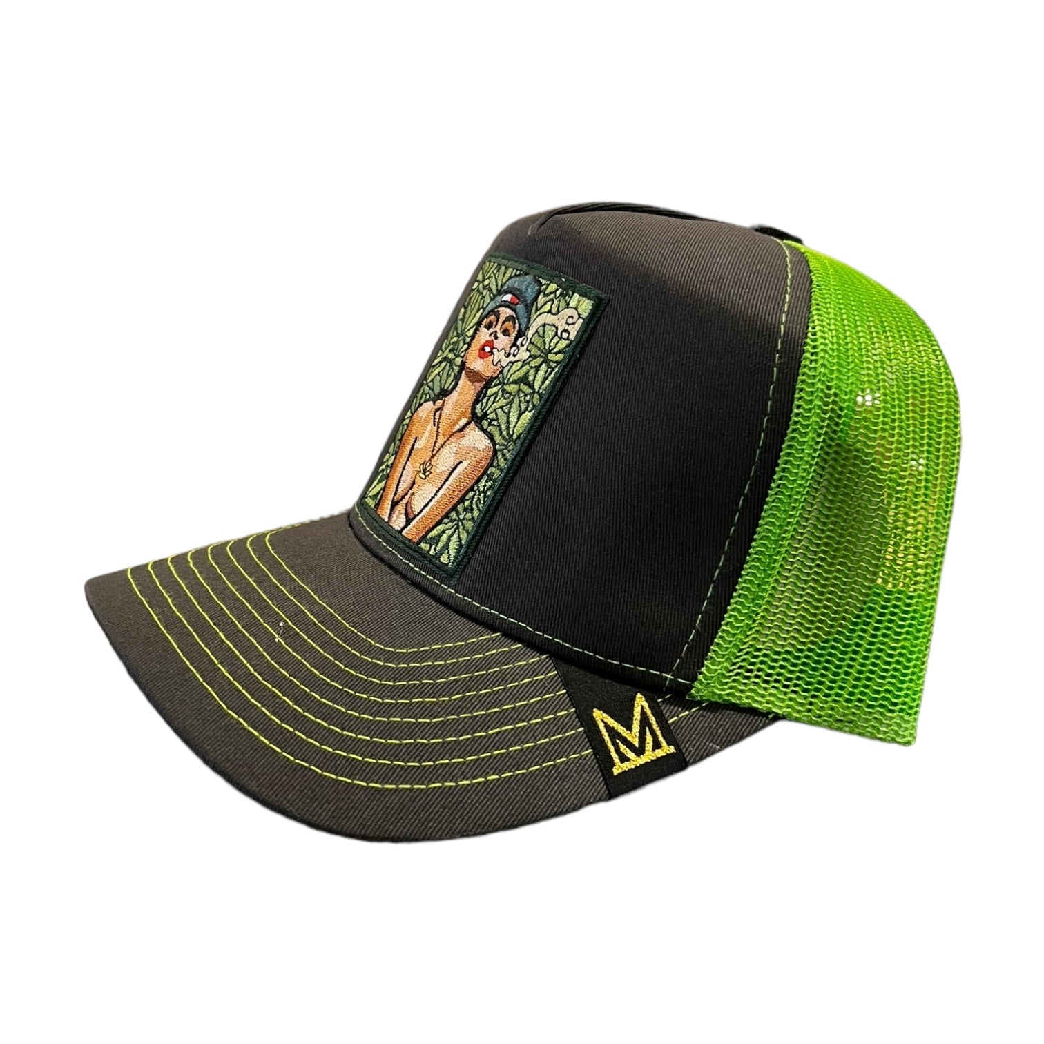 naked leaves trucker hat in lime green adn grey 