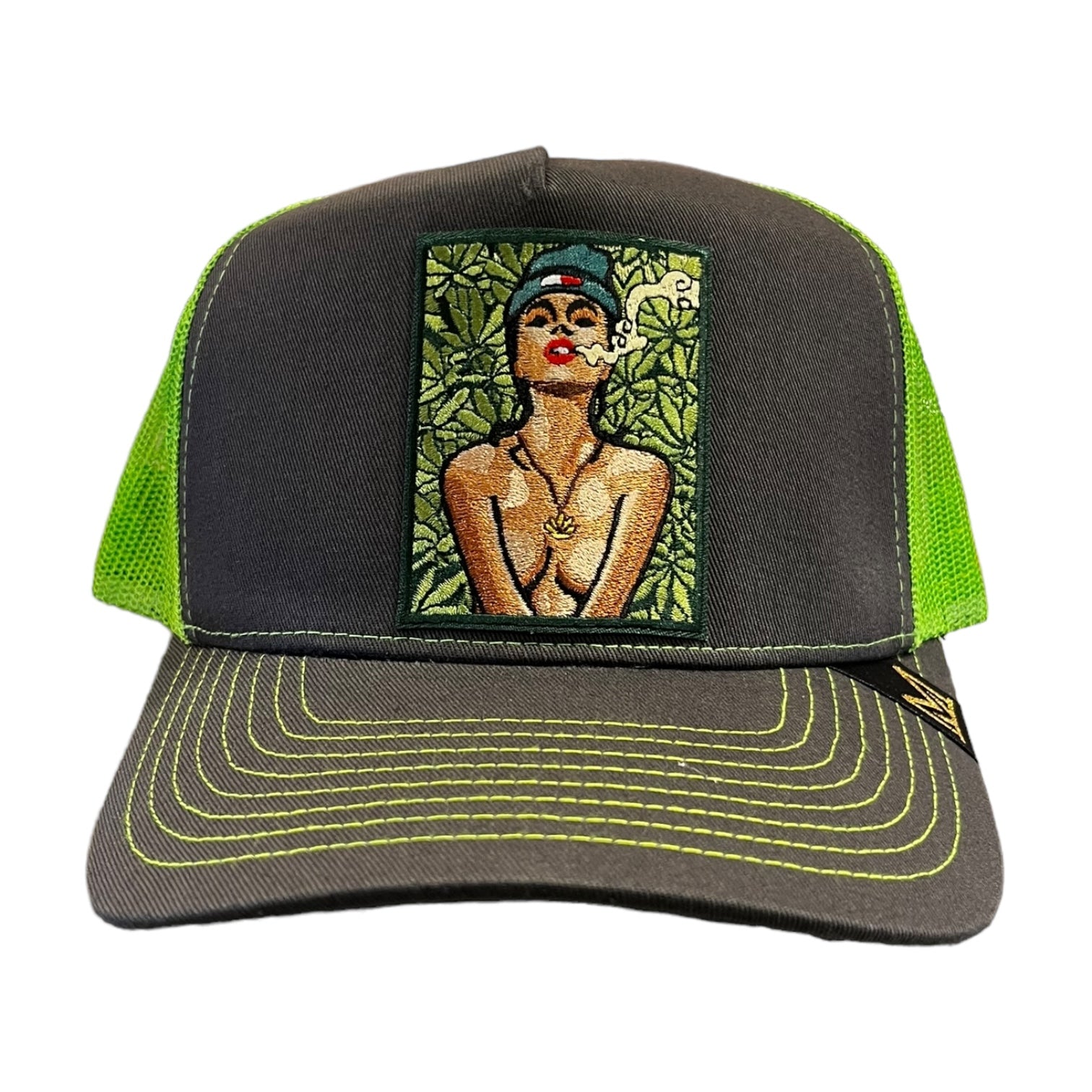 naked leaves trucker hat lime green and grey 