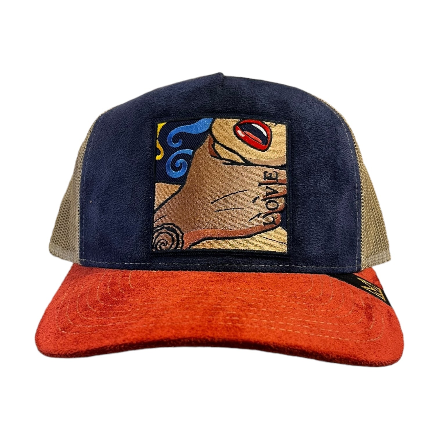 tough love suede trucker in navy and orange