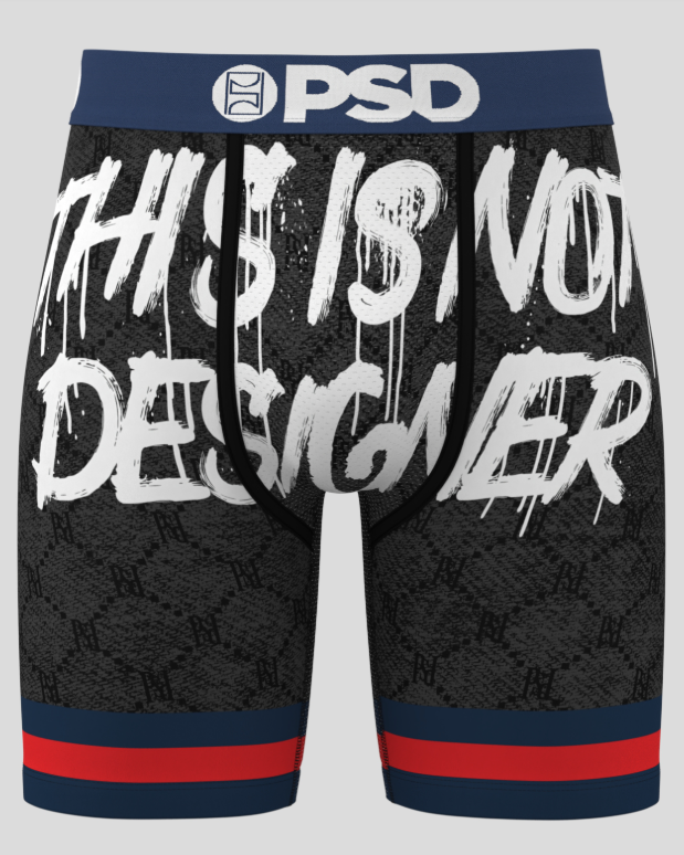 Black boxer briefs with white text and colorful waistband on a gray background