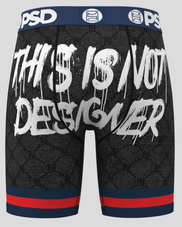 Black boxer briefs with white text and colorful waistband on a gray background