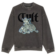 Black sweatshirt with 'Cult' text and angel graphic on a white background