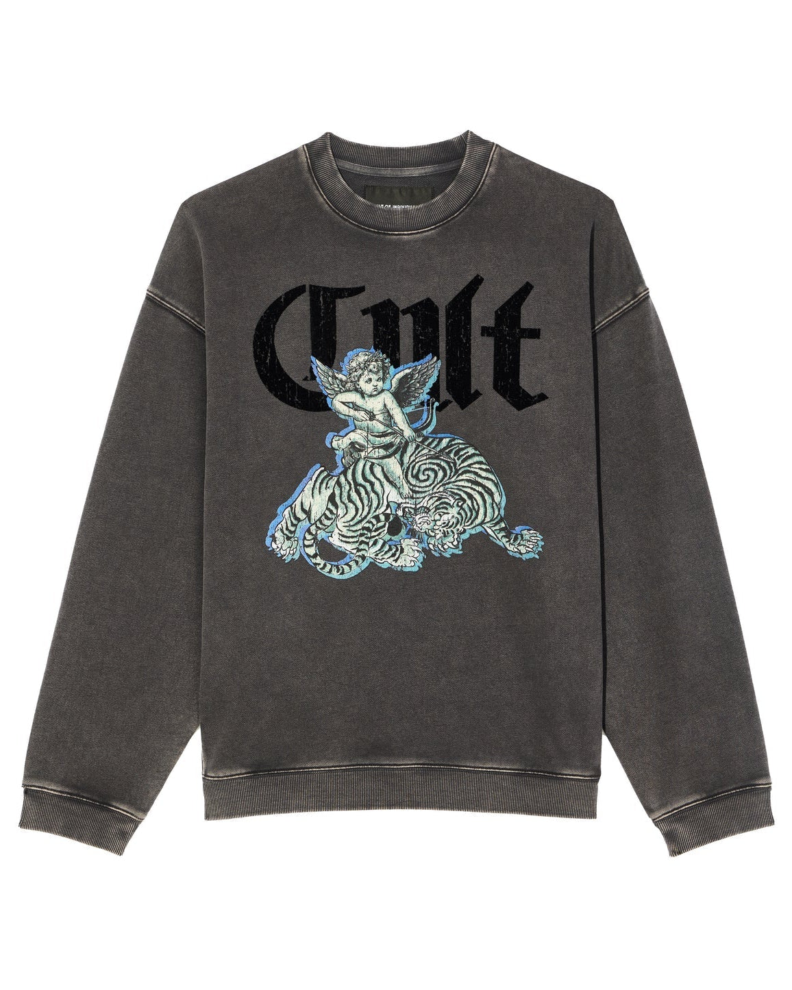 Black sweatshirt with 'Cult' text and angel graphic on a white background