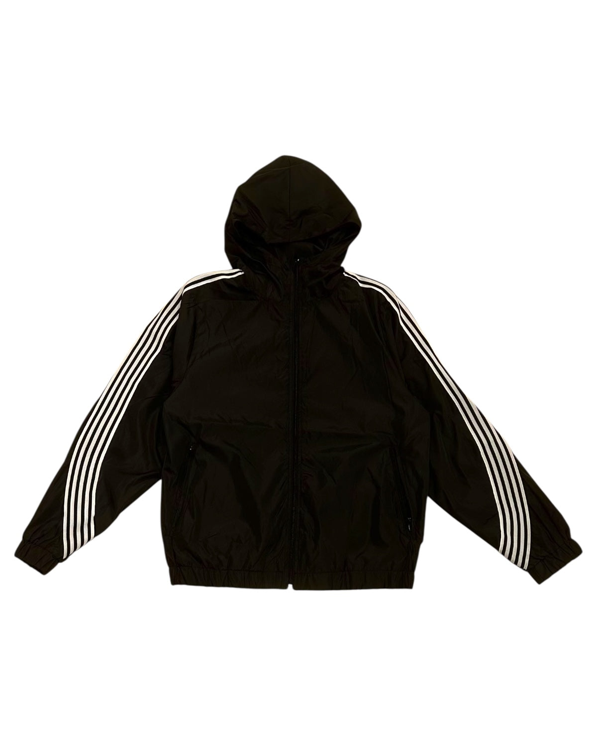 Black hooded jacket with white stripes on sleeves on a white background