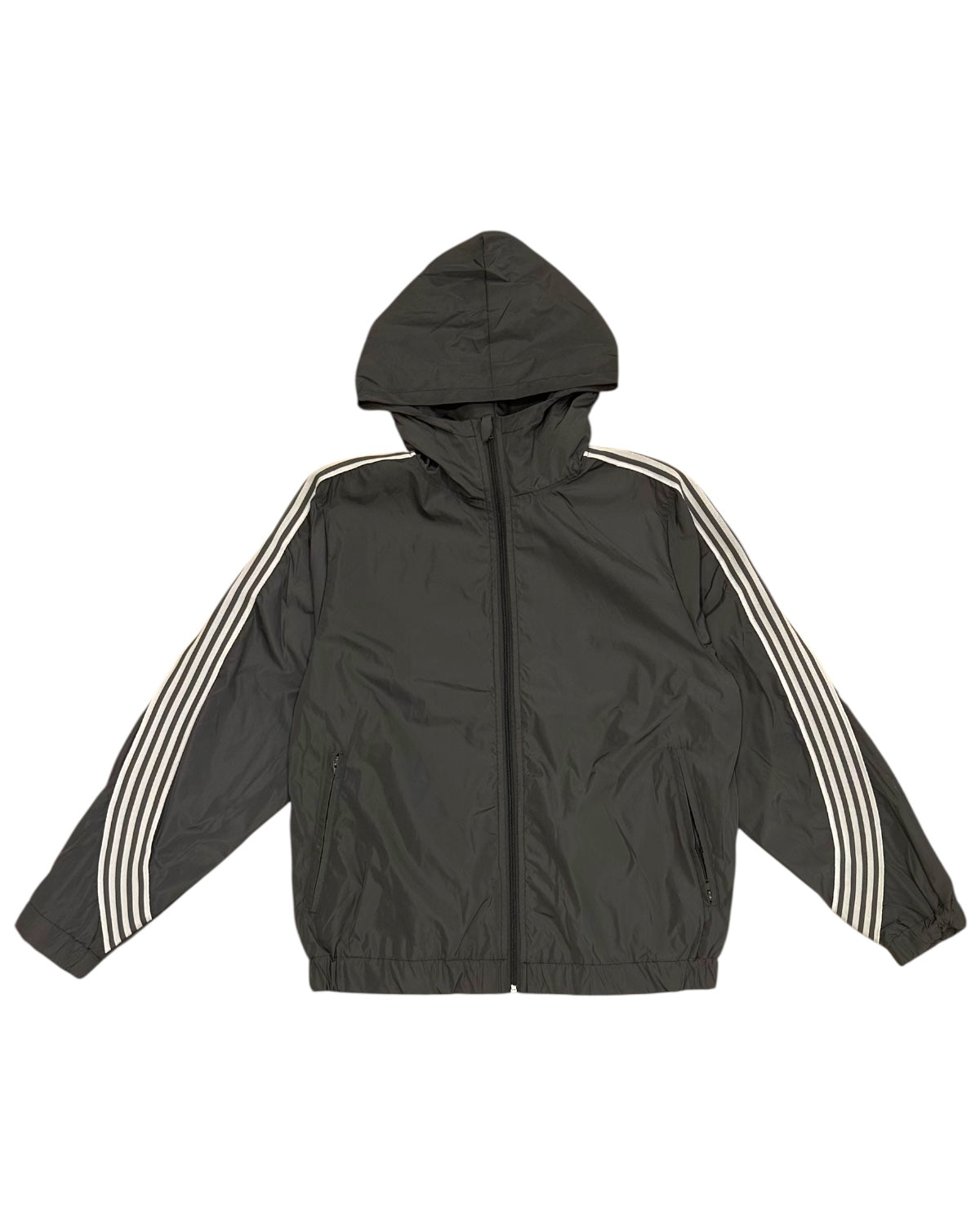 Black hooded jacket with white stripes on sleeves against a white background