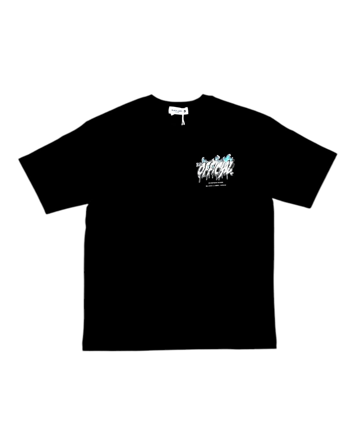 Black short-sleeve t-shirt with a graphic design in the center that includes the word 'Official' in a stylized font with blue accents.