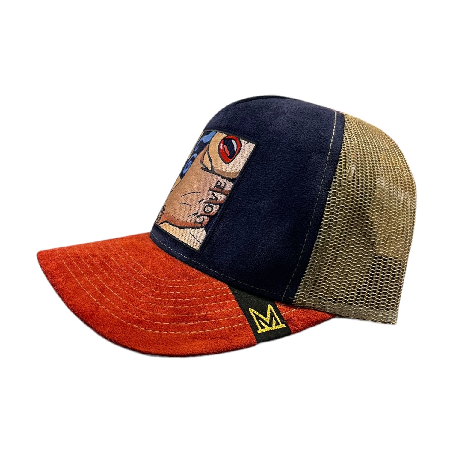 tough love suede  trucker hat in navy orange