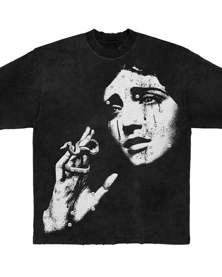 Black t-shirt with a graphic design of a woman's crying face and hand on a white background