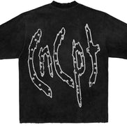 Black t-shirt with white graphic design on a white background