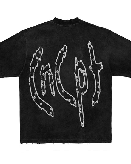 Black t-shirt with white graphic design on a white background