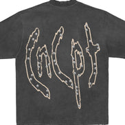 Black t-shirt with white graphic design on the back against a white background