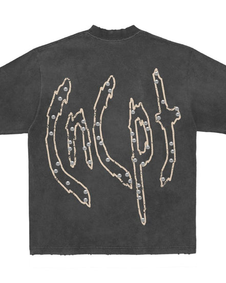Black t-shirt with white graphic design on the back against a white background