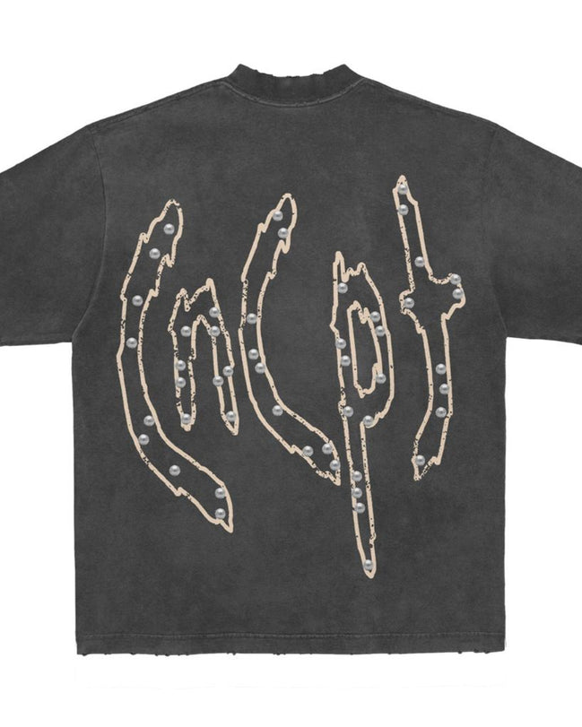 Black t-shirt with white graphic design on the back against a white background