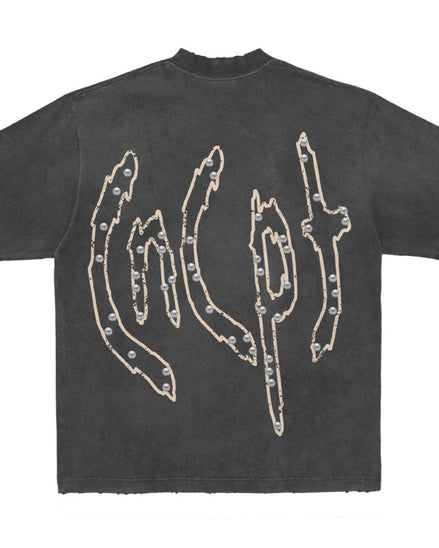 Black t-shirt with white graphic design on the back against a white background