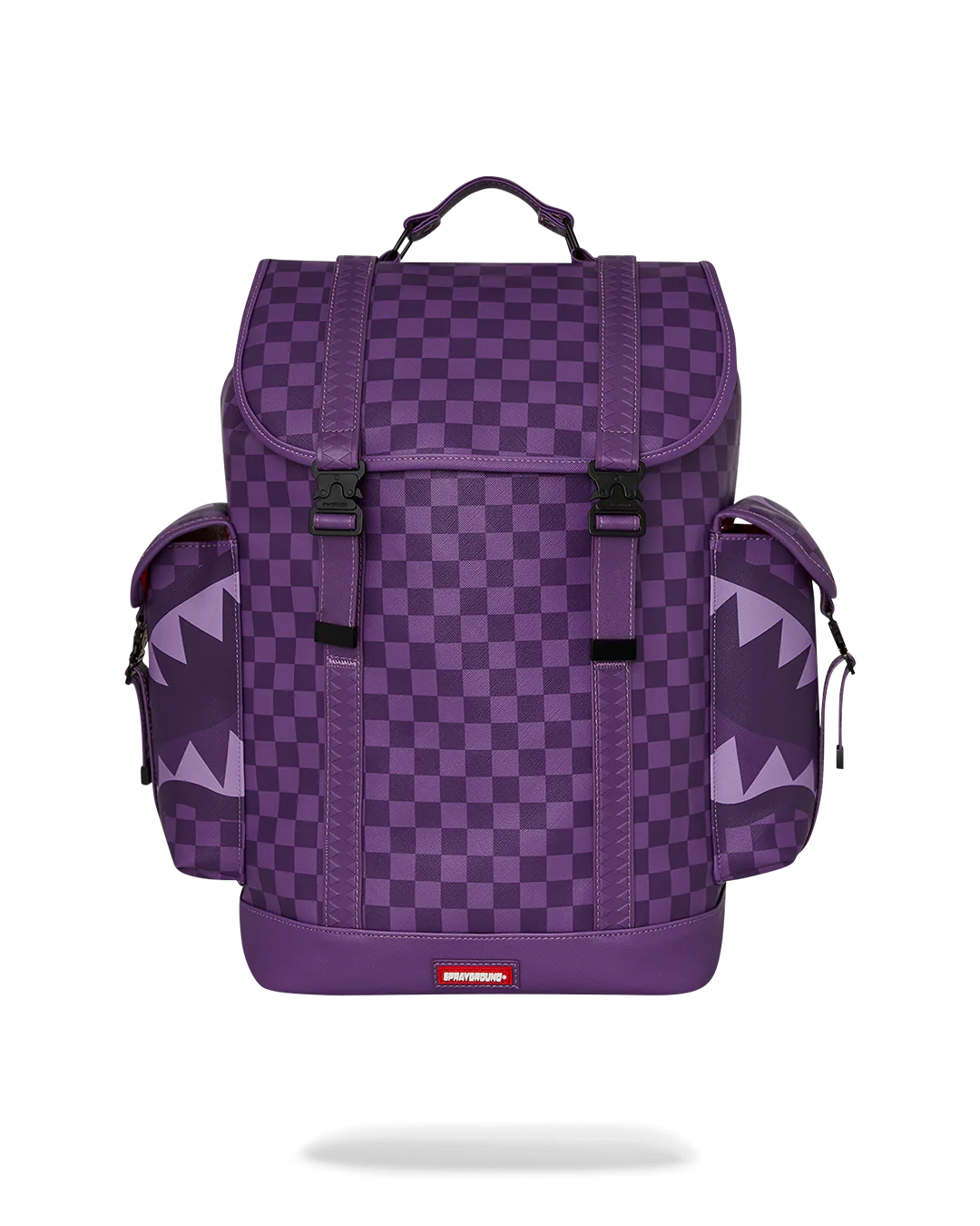 all systems go monte carlo spraygroung backpack with checker board pattern adn shark mouth design in purple 