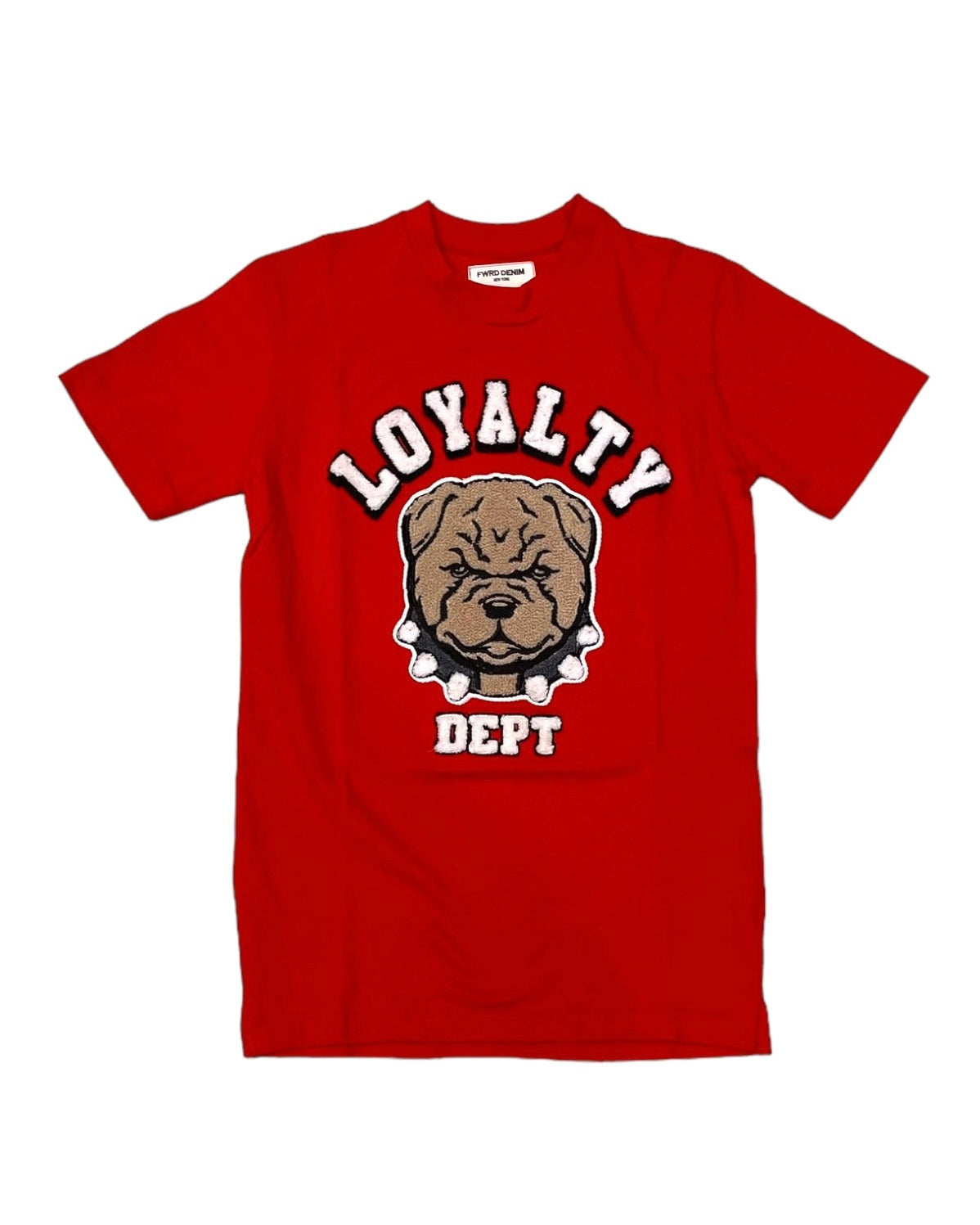 Red loyalty tee with chenille patch of a bulldog in junior boys sizing.