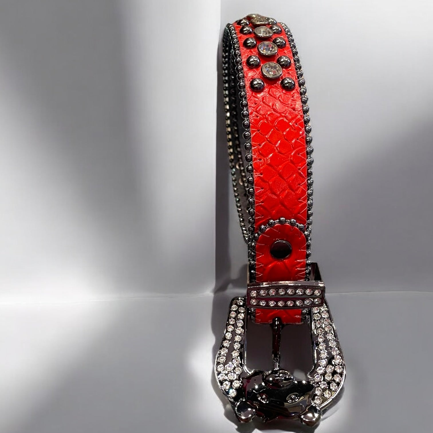 kids red leather belt with white rhinestones. 