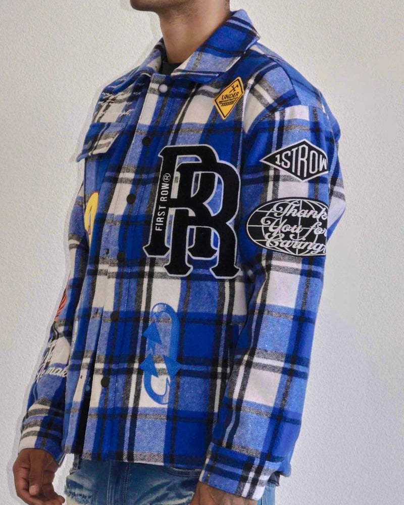 rethink first row shacket royal blue black and white