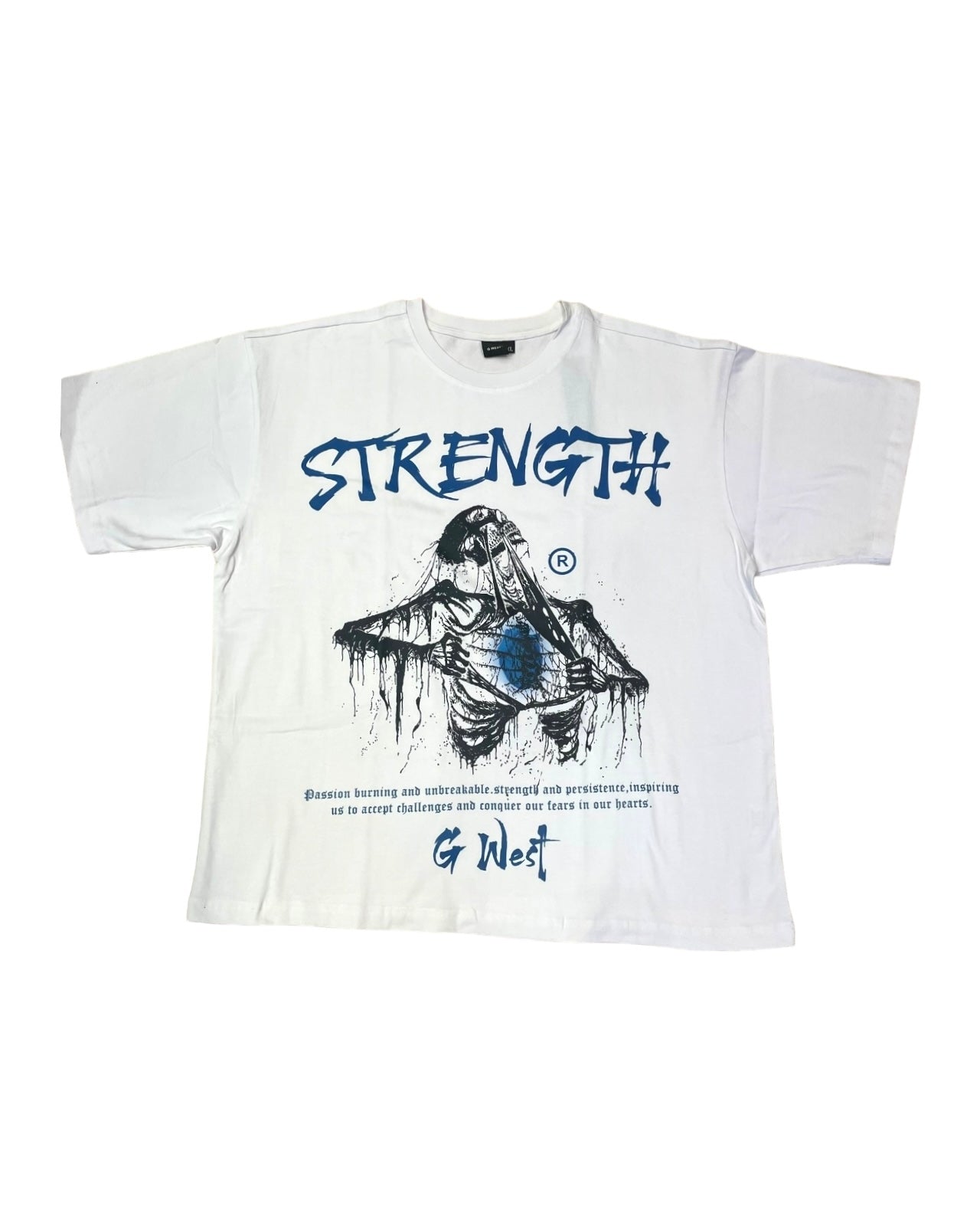 g. west ripping skeleton graphic tshirt in white & blue