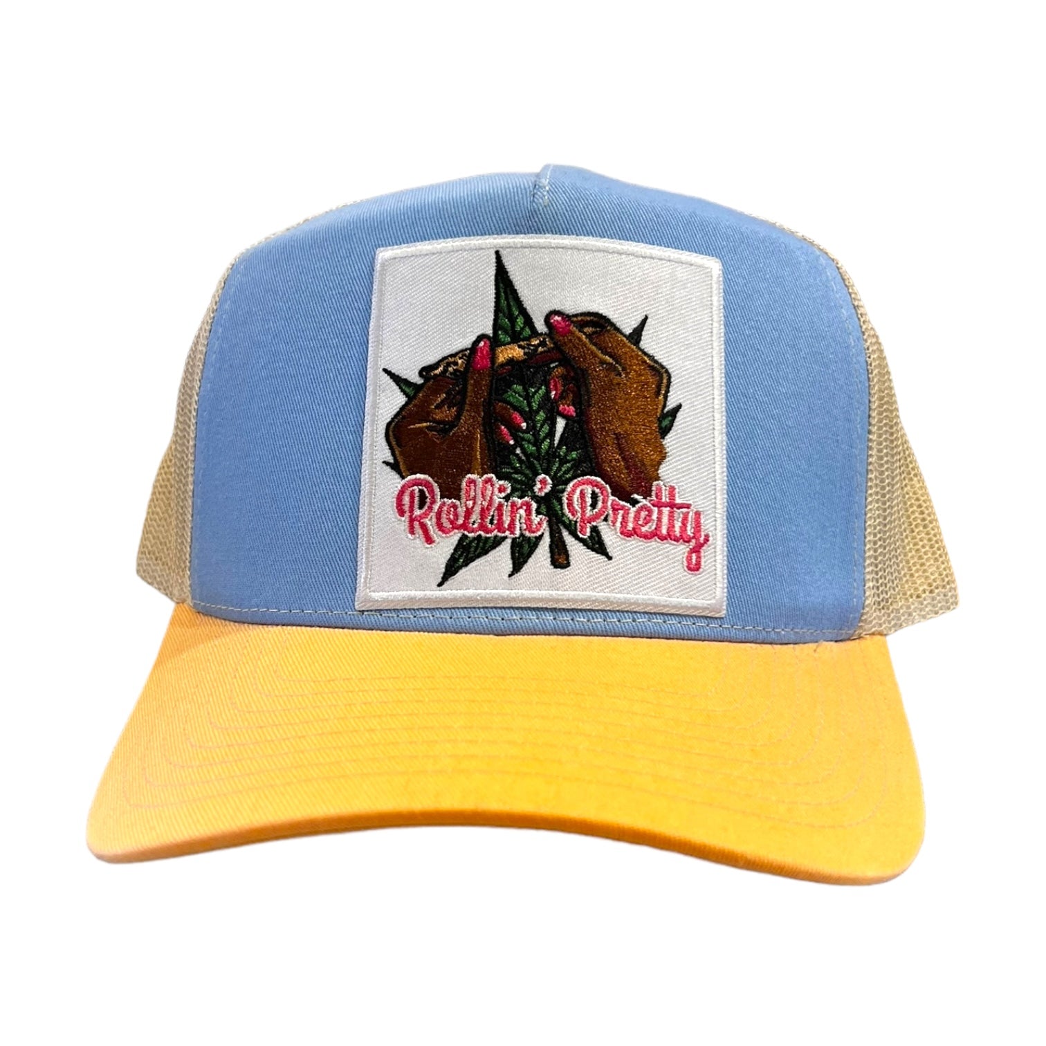 rollin pretty trucker hat in blue-yellow