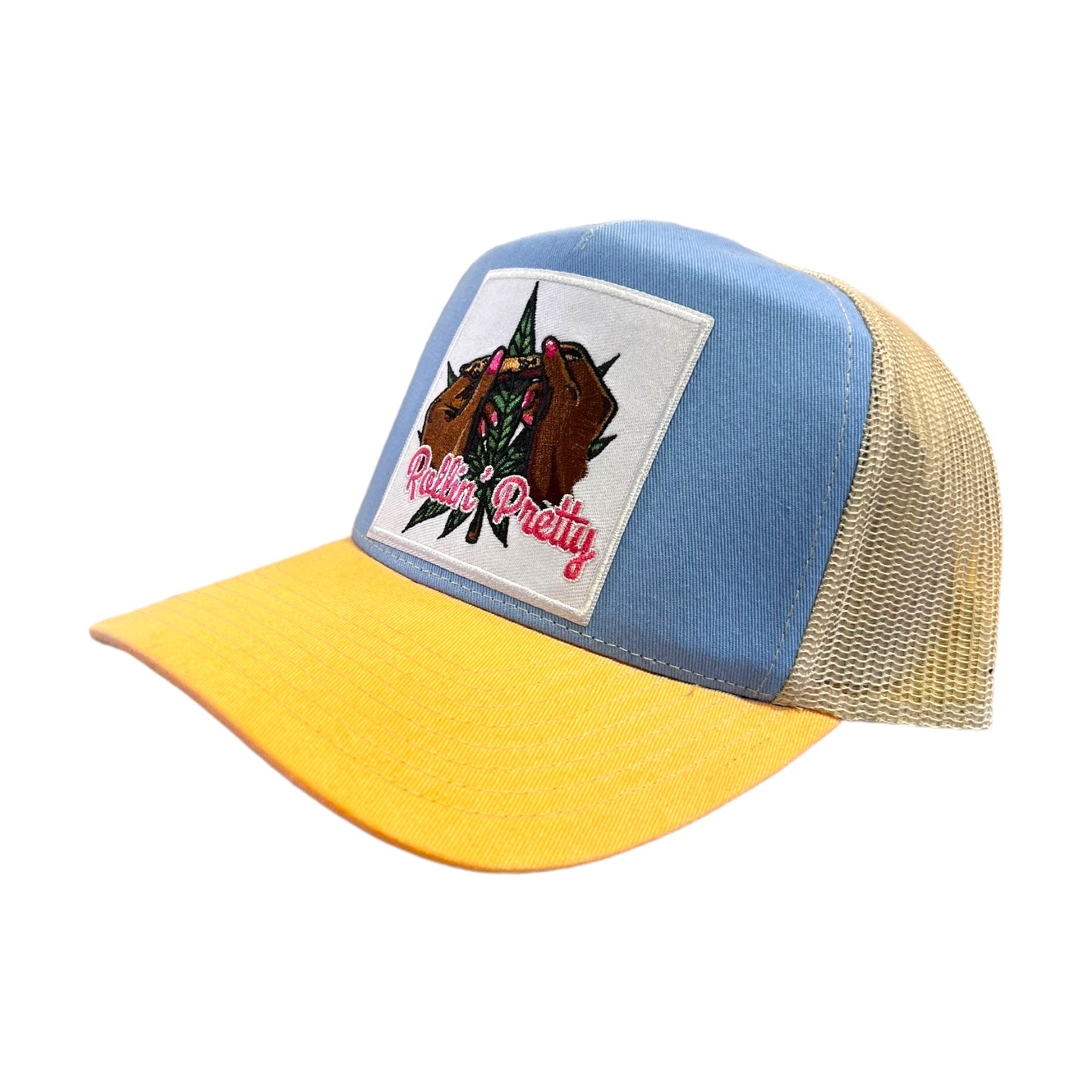 rollin pretty trucker hat yellow-blue