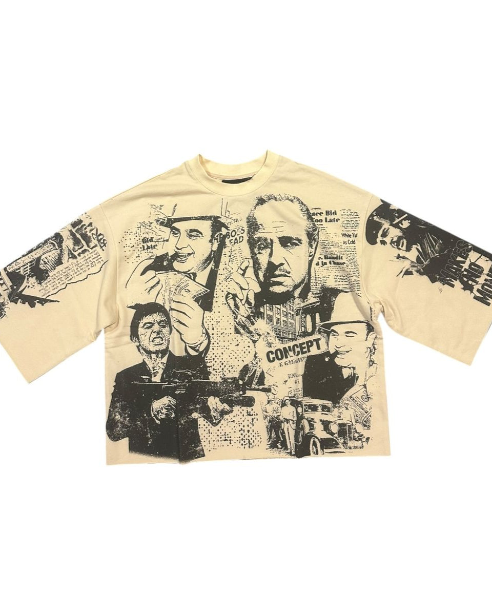 Beige t-shirt with graphic designs of a man holding a gun and text on a white background