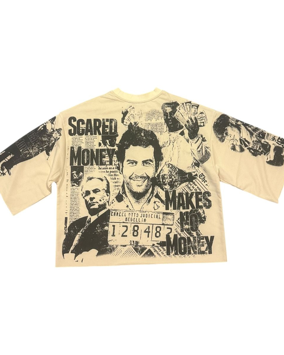 Beige t-shirt with graphic design featuring text and images on a white background