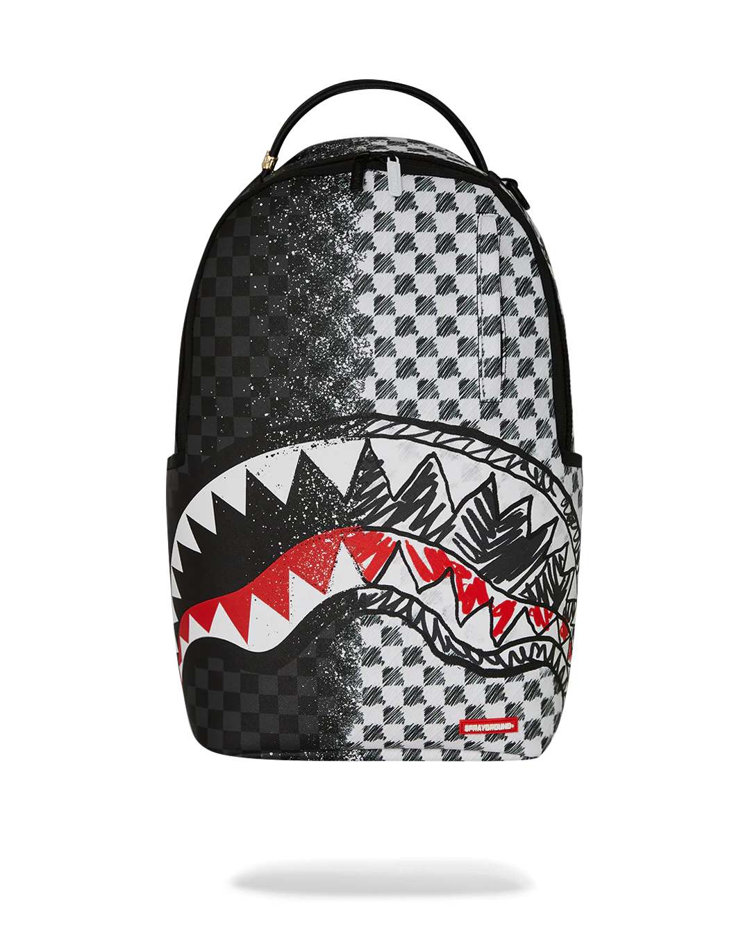 Backpack with checkered pattern and shark mouth design on a white background by the brand sprayground