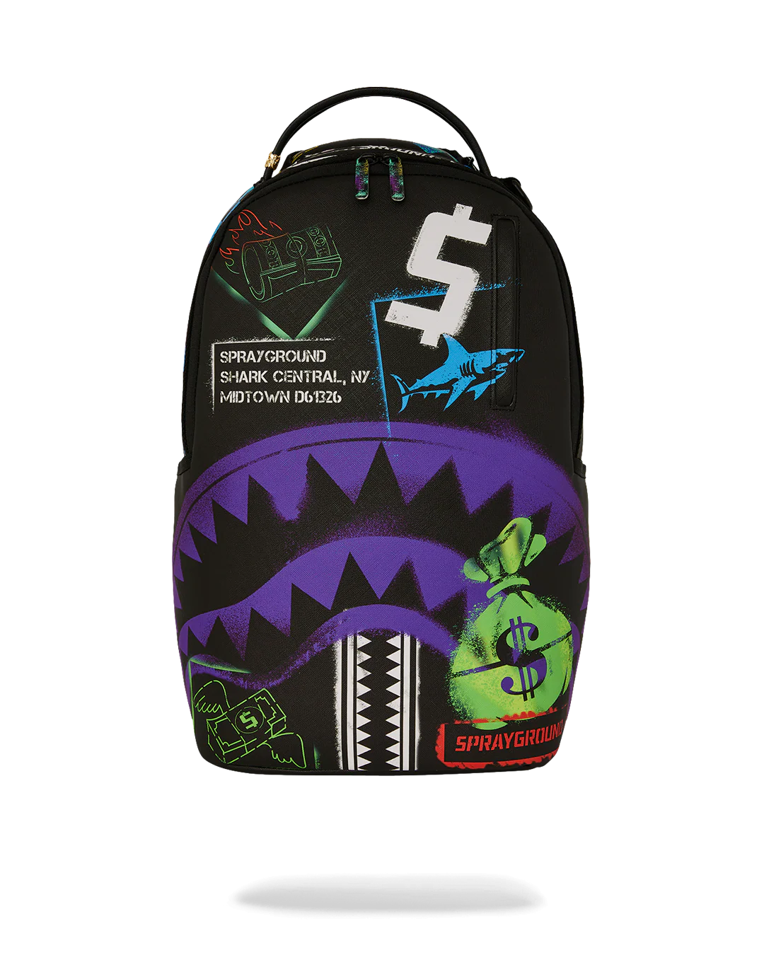 Backpack with colorful graffiti-style graphics and brand logos on a white background by the brand sprayground 