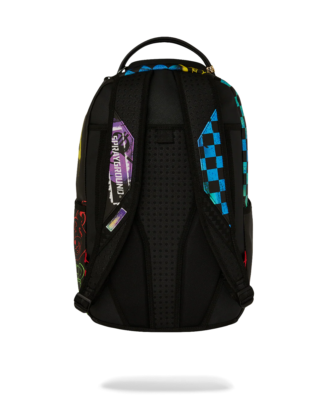 Backpack with colorful graffiti-style graphics and brand logos on a white background by the brand sprayground 