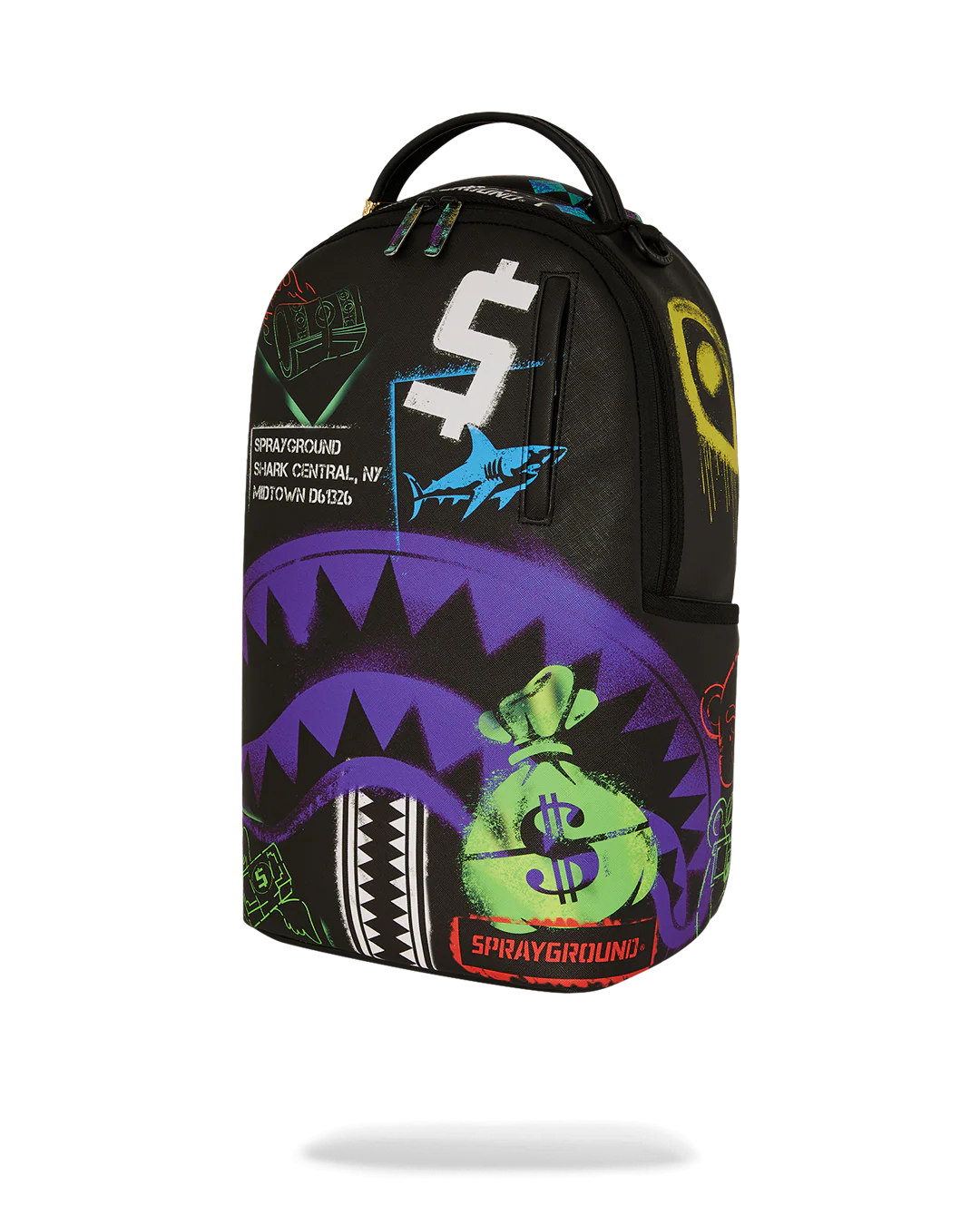 Backpack with colorful graffiti-style graphics and brand logos on a white background by the brand sprayground 