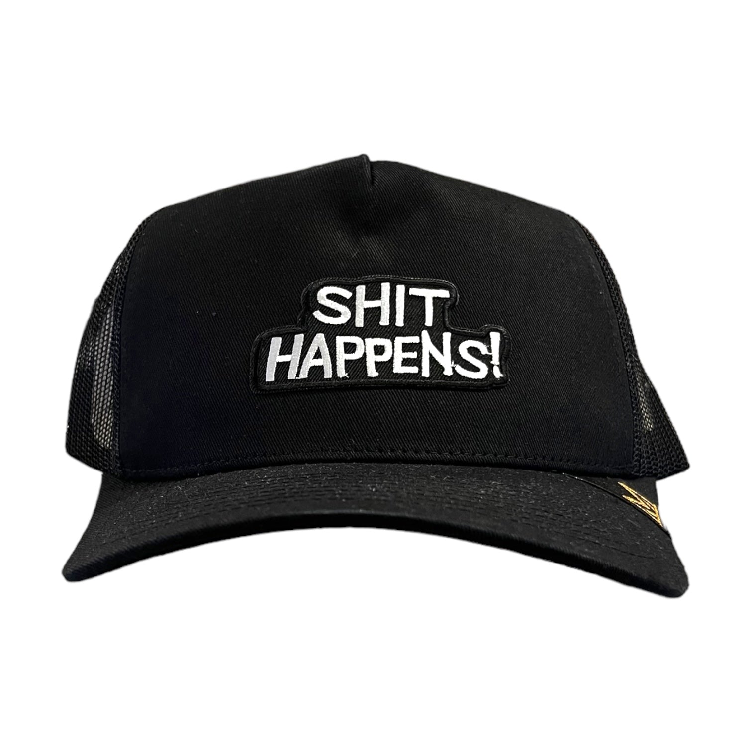 shit happens trucker hat in black 