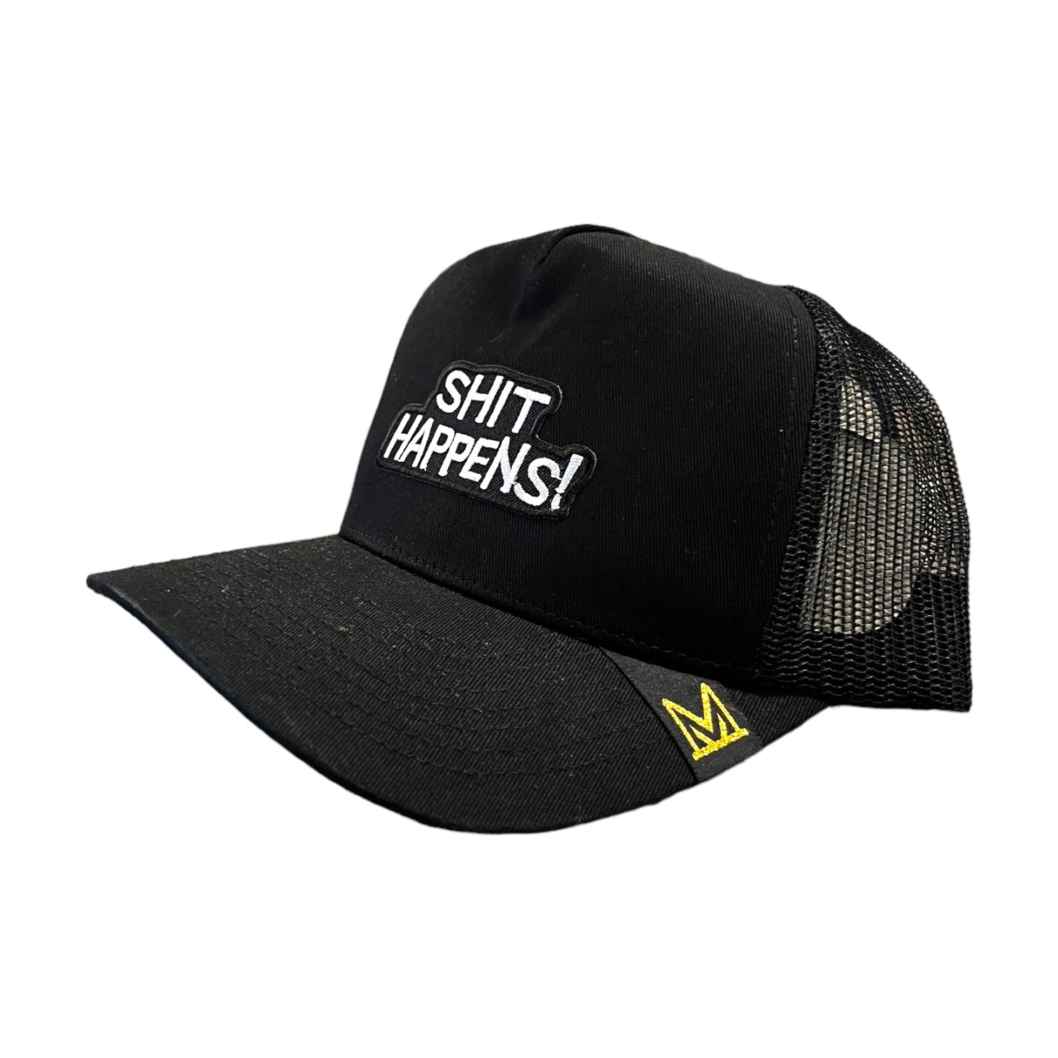 shit happens trucker hat in black 