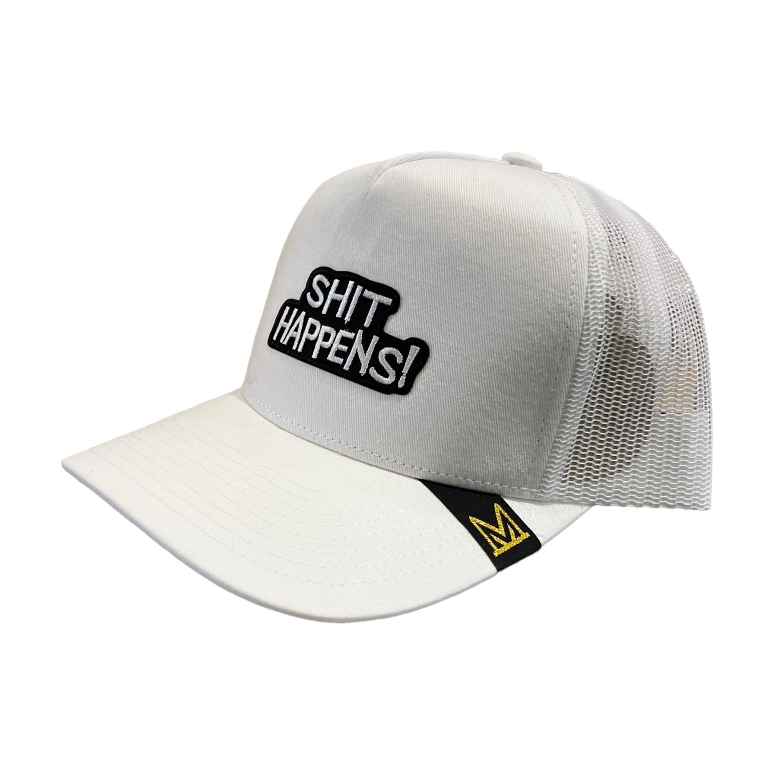 shit happens trucker hat in white