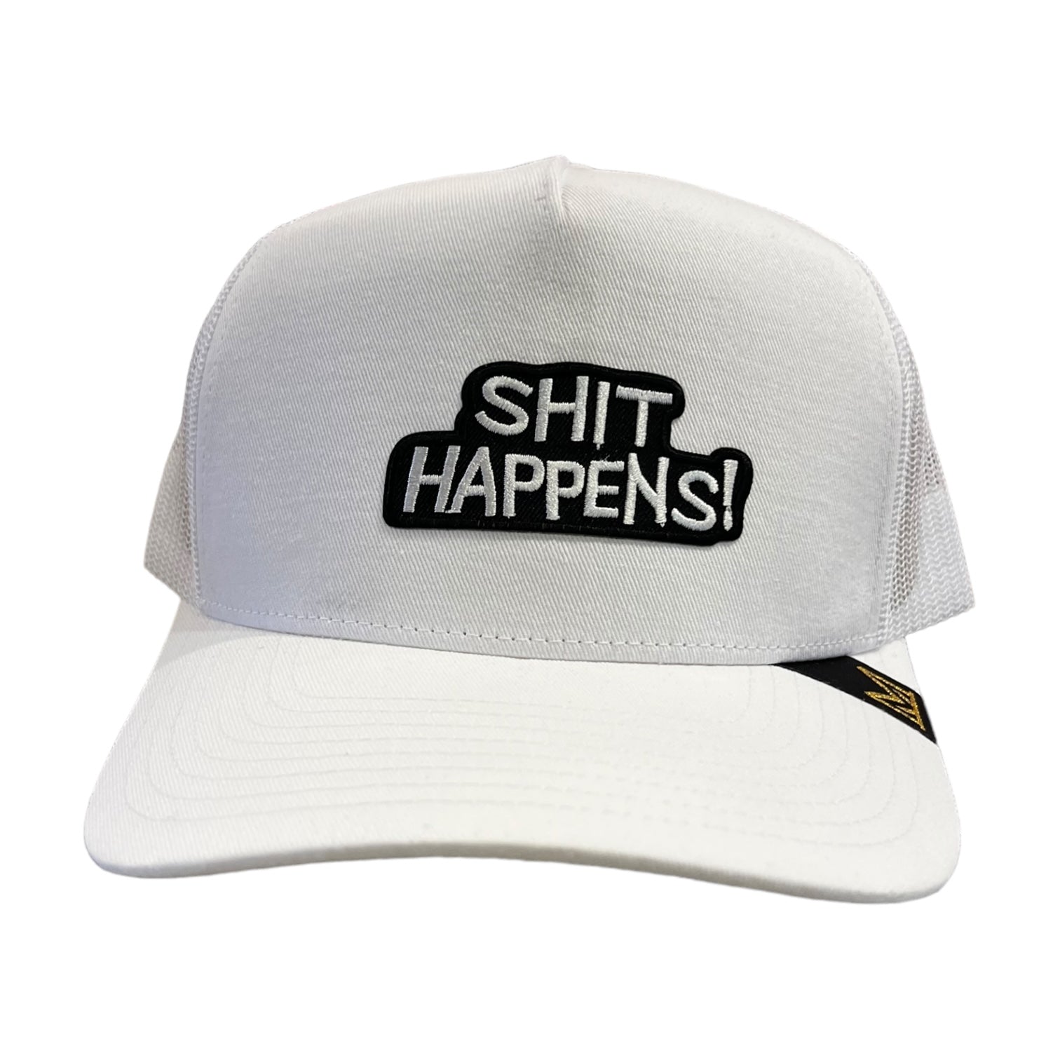 shit happens trucker hat in white