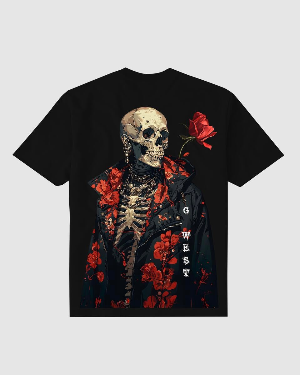 g. west skull rose graphic tee in black