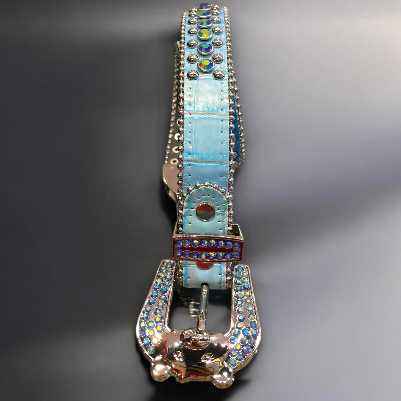 kids sky blue leather belt with ab rhinestones all over.