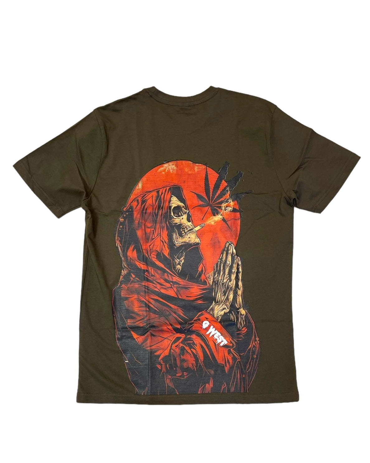 g west smoking skeleton alien graphic tshirt in olive green
