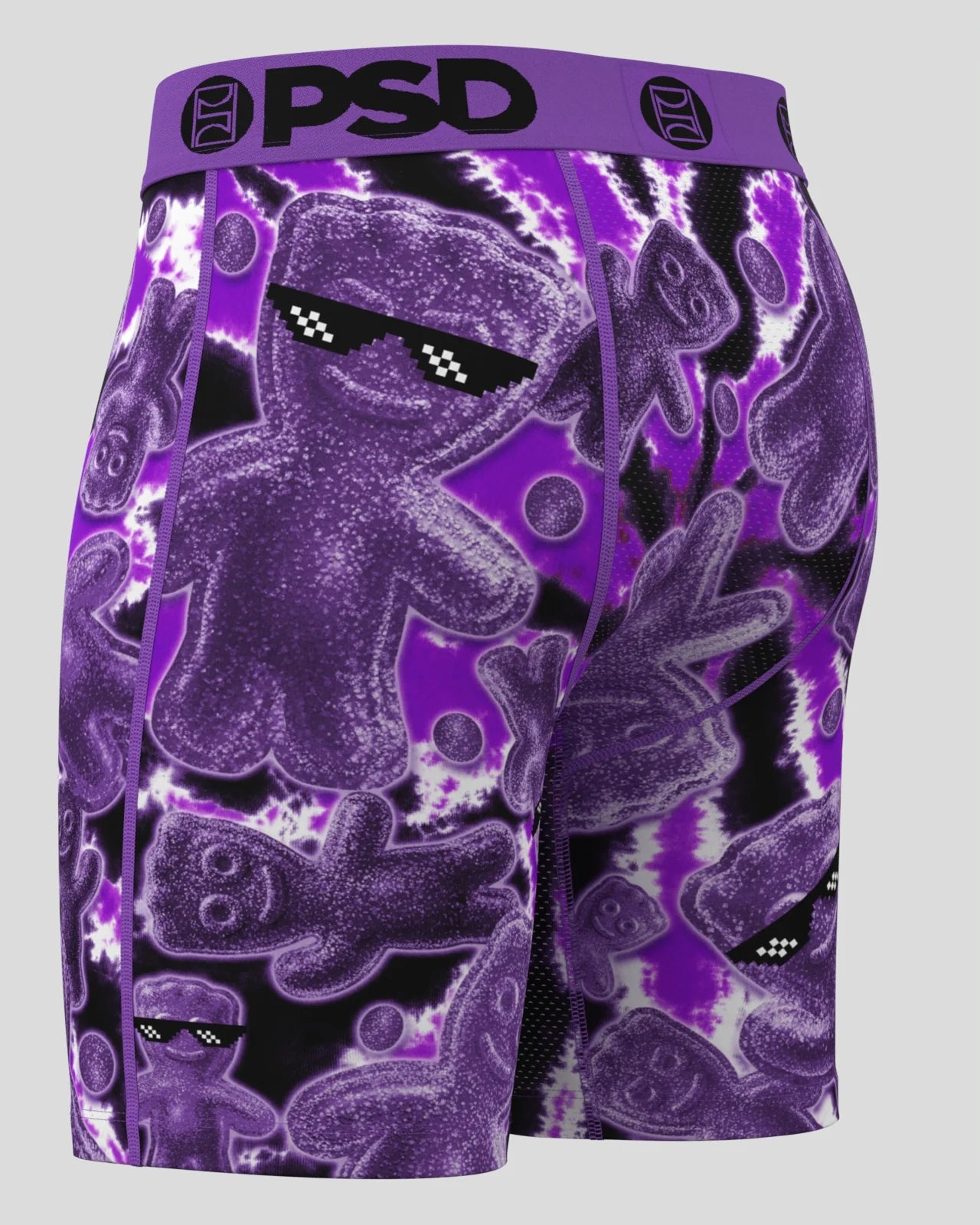 Purple and black patterned underwear with 'PSD' branding on a gray background