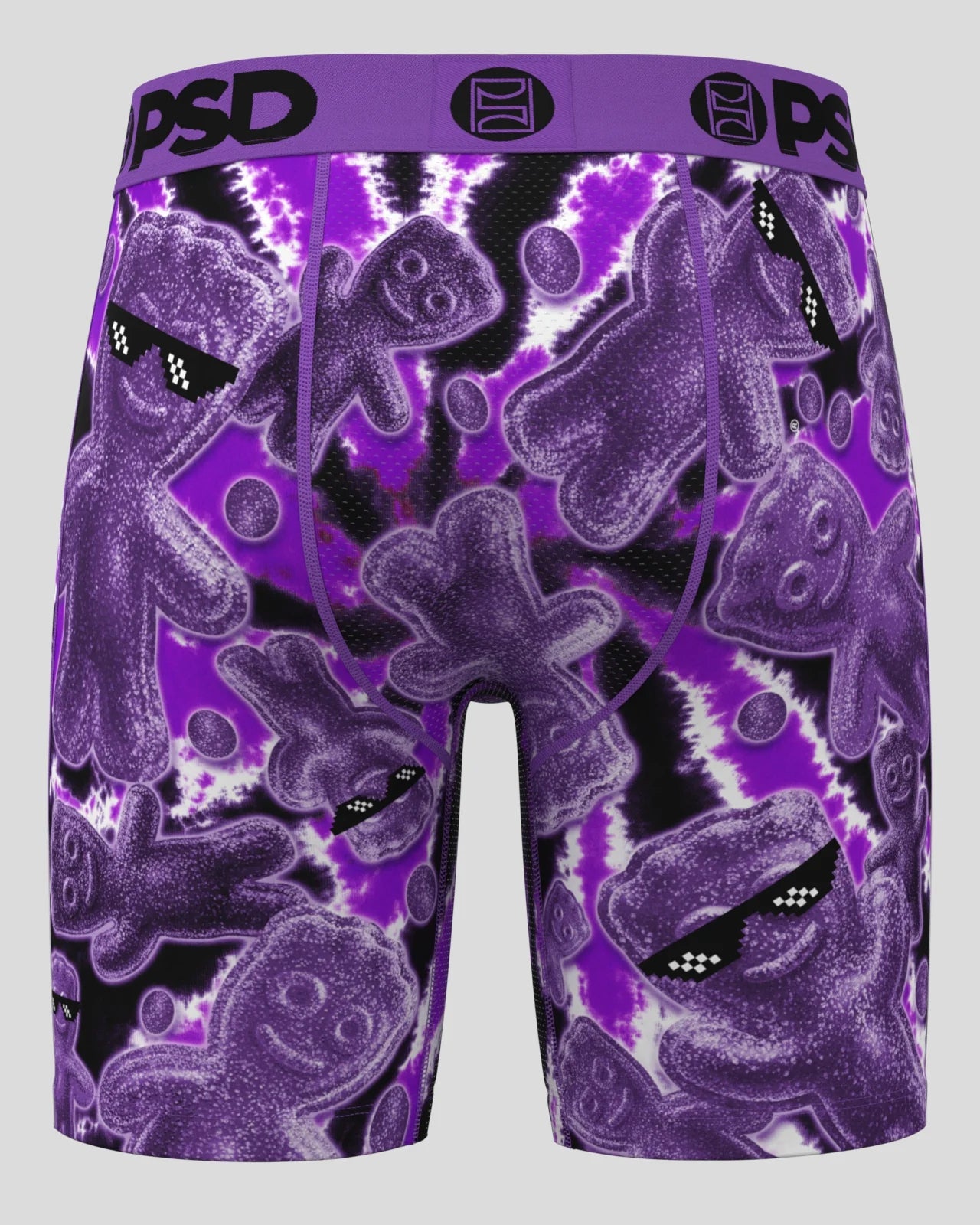 Purple and black patterned underwear with visible branding on a white background
