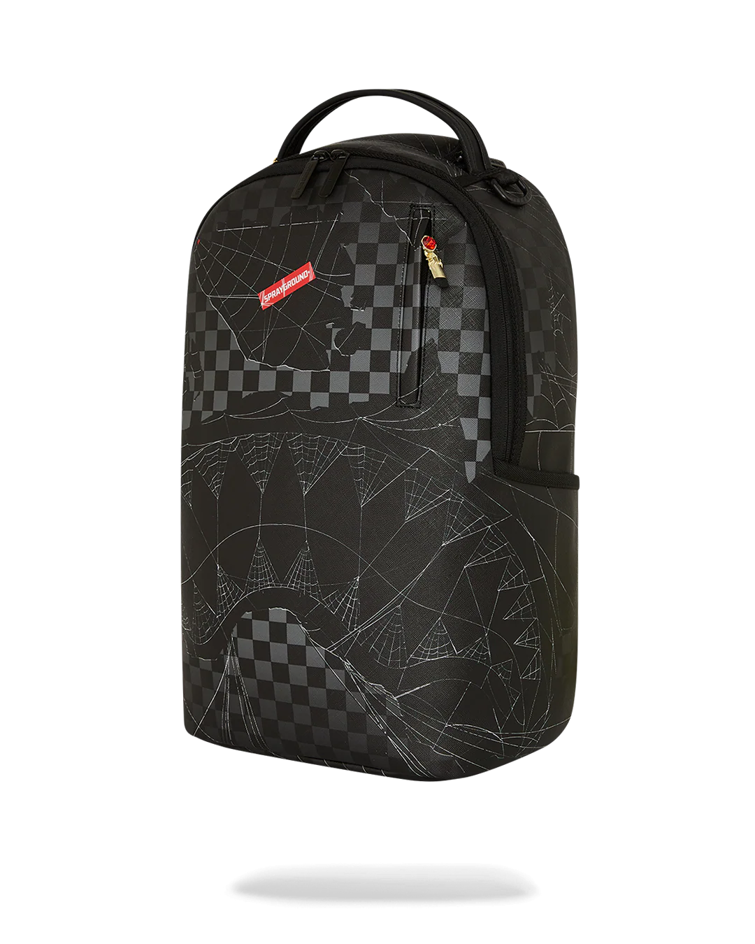 Black geometric patterned backpack with a checkered design on a white background by sprayground