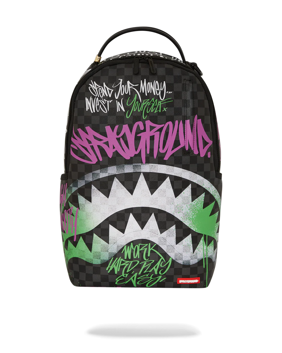 Sprayground backpack with colorful graphics and text on a white background