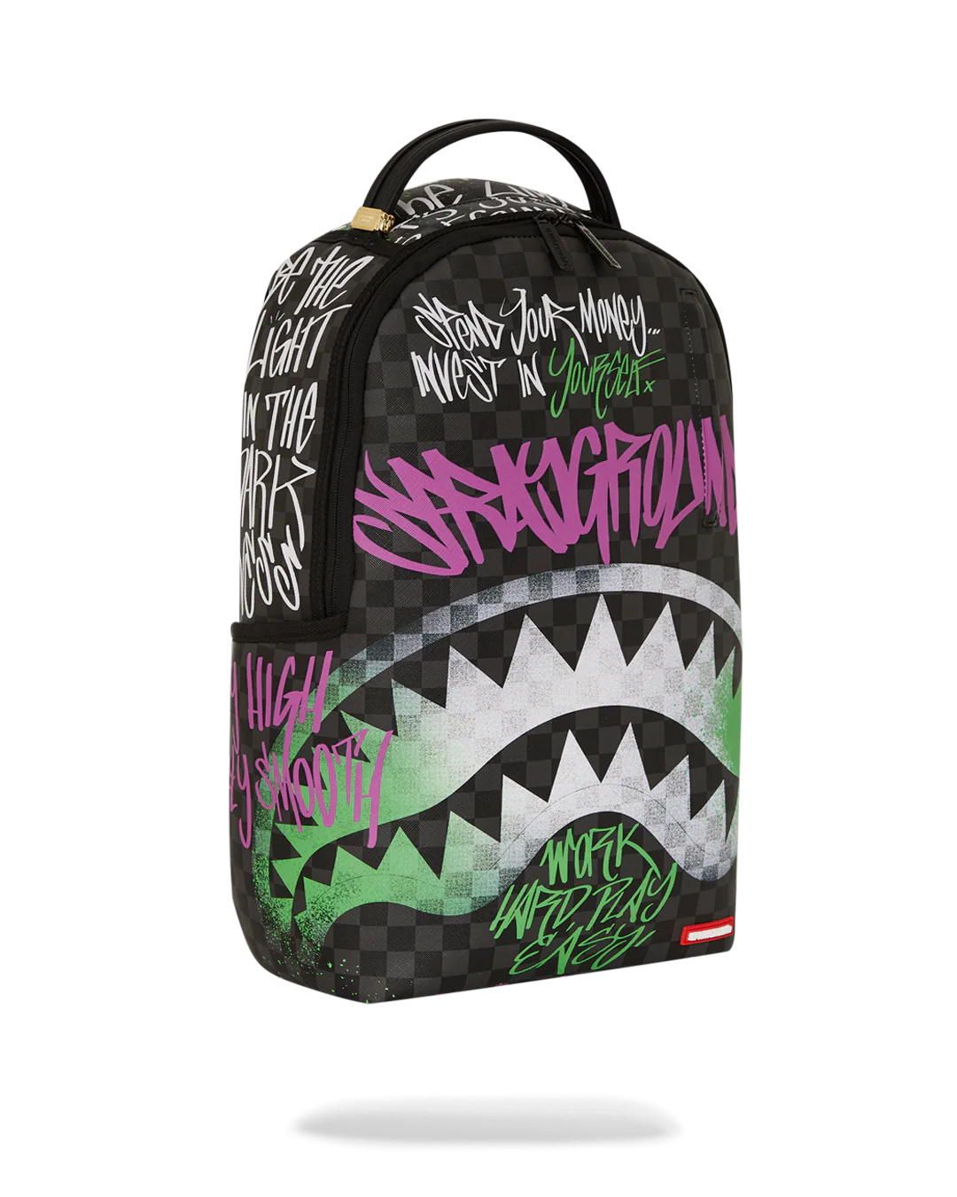 Sprayground Backpack with colorful text and graphics on a white background