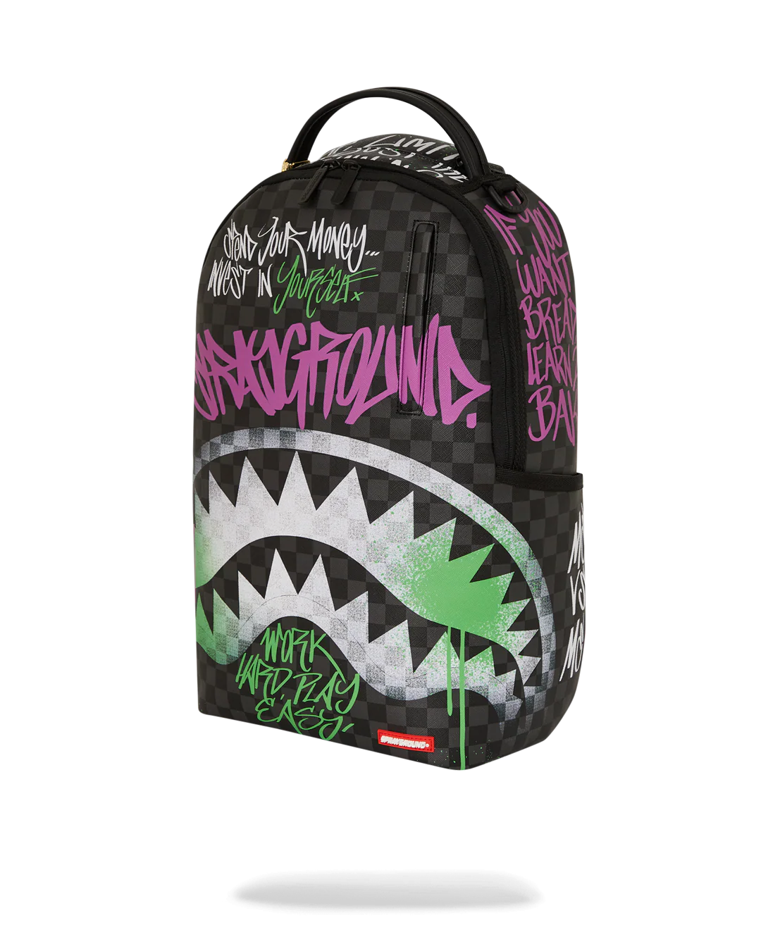 Sprayground Backpack with checkered pattern, colorful text, and green accents on a white background